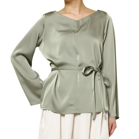 BARNEYS NEW YORK＜バーニーズ　ニューヨーク＞ ウォッシャブル サテン素材Vネックウエストリボンブラウス