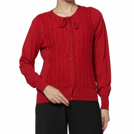 BARNEYS NEW YORKウォッシャブル ウール素材フリンジデザイン ハーフスリーブ リボンニットカーディガン