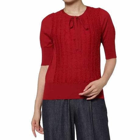 BARNEYS NEW YORK ウォッシャブル ウール素材フリンジデザイン ハーフスリーブ リボンニットプルオーバー