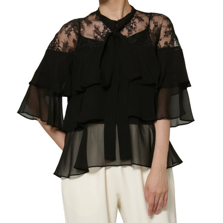 BARNEYS NEWYORK レース×シフォン素材ティアードデザイン ボウタイブラウス